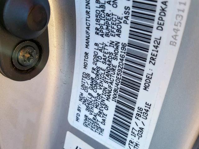 1NXBU40E59Z046196 - 2009 TOYOTA COROLLA BA SILVER photo 10