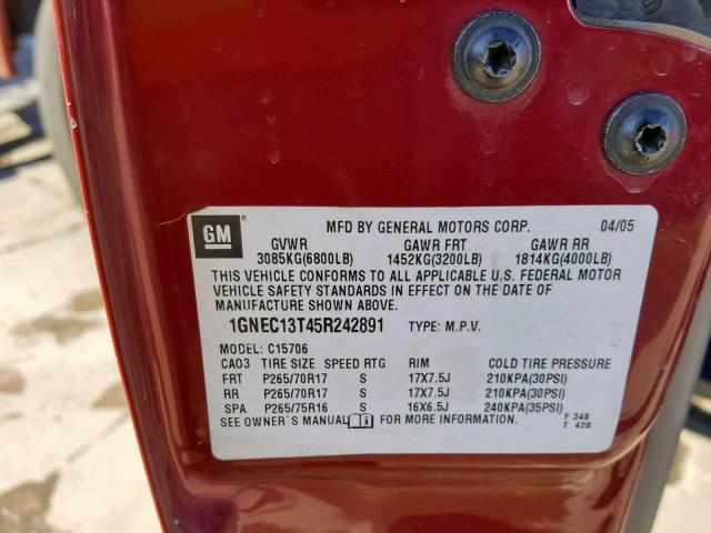 1GNEC13T45R242891 - 2005 CHEVROLET TAHOE C150 RED photo 10