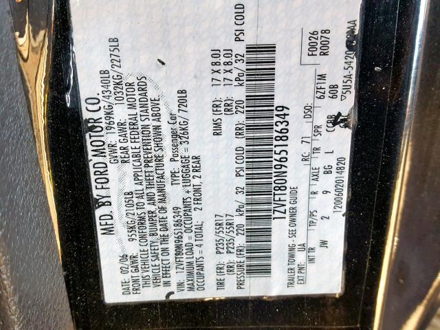 1ZVFT80N965186349 - 2006 FORD MUSTANG BLACK photo 10