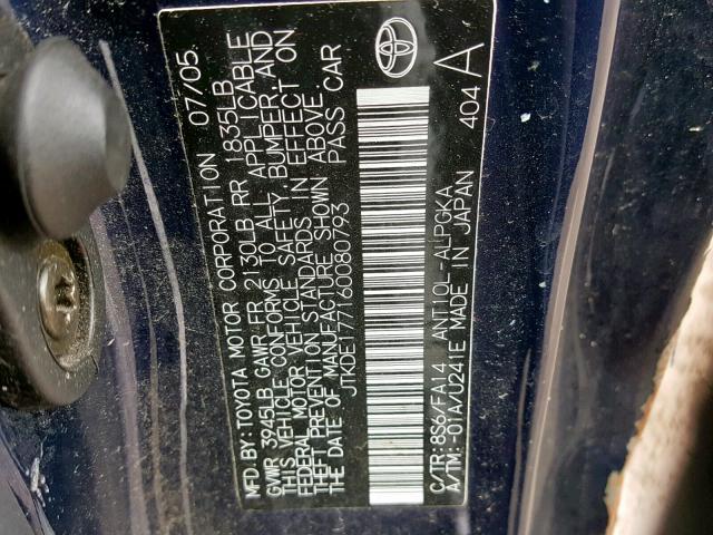 JTKDE177160080793 - 2006 TOYOTA SCION TC ლურჯი ფოტო 10