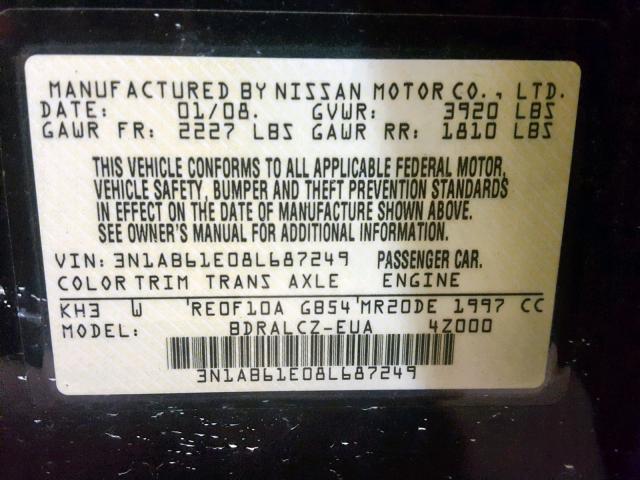 3N1AB61E08L687249 - 2008 NISSAN SENTRA 2.0 BLACK photo 10