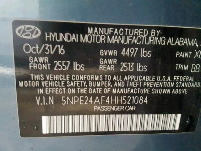 5NPE24AF4HH521084 - 2017 HYUNDAI SONATA SE BLUE photo 10