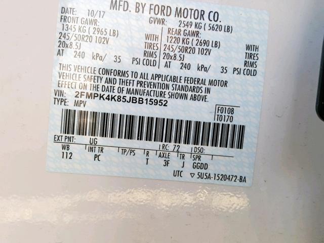 2FMPK4K85JBB15952 - 2018 FORD EDGE TITAN WHITE photo 10