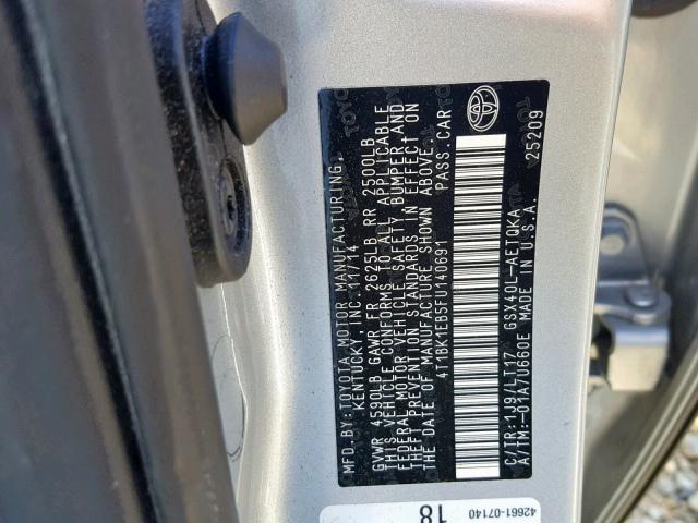 4T1BK1EB5FU140691 - 2015 TOYOTA AVALON XLE 银色 照片 10