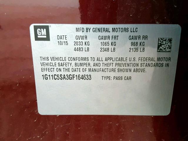 1G11C5SA3GF164633 - 2016 CHEVROLET MALIBU LIM 勃艮第红 照片 10