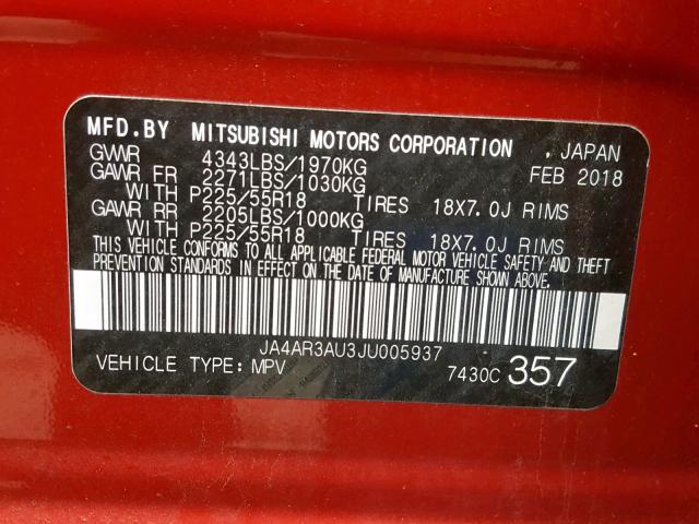 JA4AR3AU3JU005937 - 2018 MITSUBISHI OUTLANDER RED photo 10