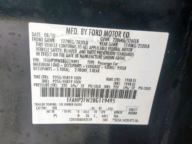 1FAHP2FW2BG119495 - 2011 FORD TAURUS LIM BLACK photo 10