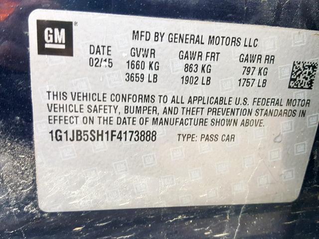 1G1JB5SH1F4173888 - 2015 CHEVROLET SONIC LS 蓝色 照片 10