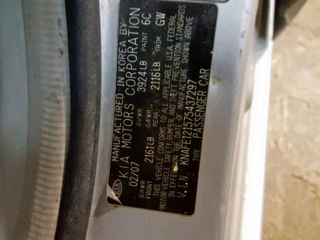 KNAFE121575437297 - 2007 KIA SPECTRA EX SILVER photo 10