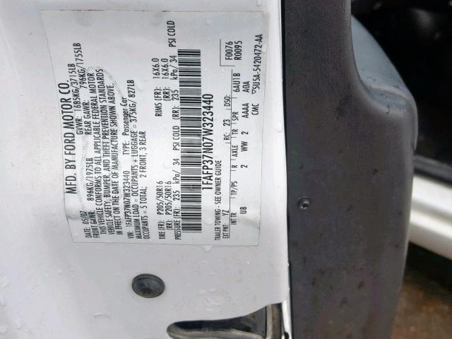 1FAFP37N07W323440 - 2007 FORD FOCUS ZX5 WHITE photo 10