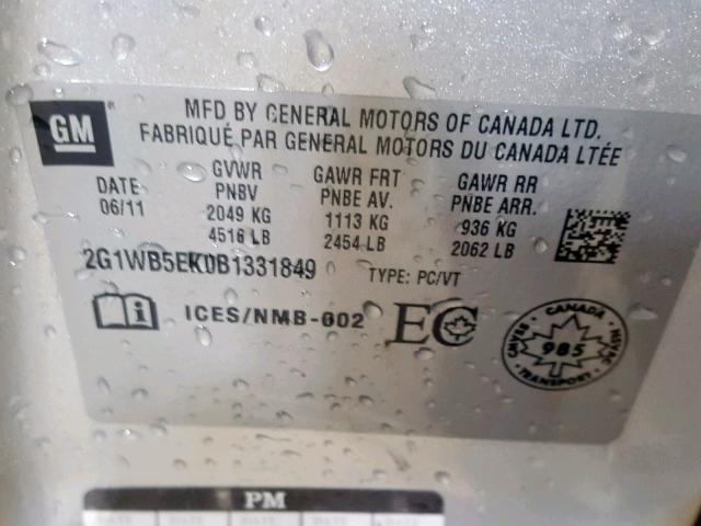 2G1WB5EK0B1331849 - 2011 CHEVROLET IMPALA LT SILVER photo 10