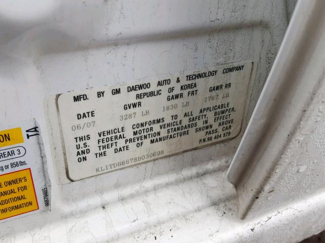 KL1TD66678B030698 - 2008 CHEVROLET AVEO BASE Ақ фото 10