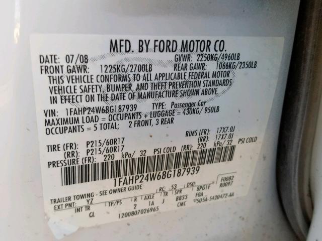 1FAHP24W68G187939 - 2008 FORD TAURUS SEL WHITE photo 10