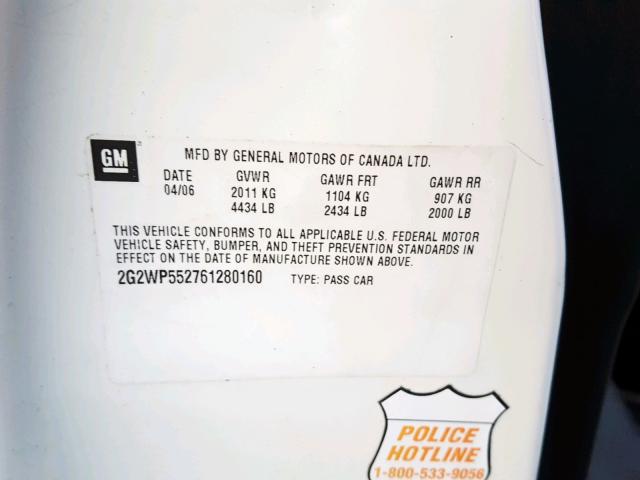 2G2WP552761280160 - 2006 PONTIAC GRAND PRIX WHITE photo 10