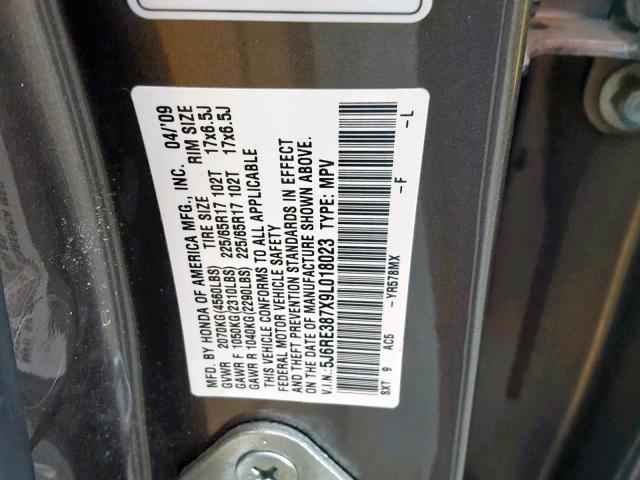 5J6RE387X9L018023 - 2009 HONDA CR-V EXL GRAY photo 10