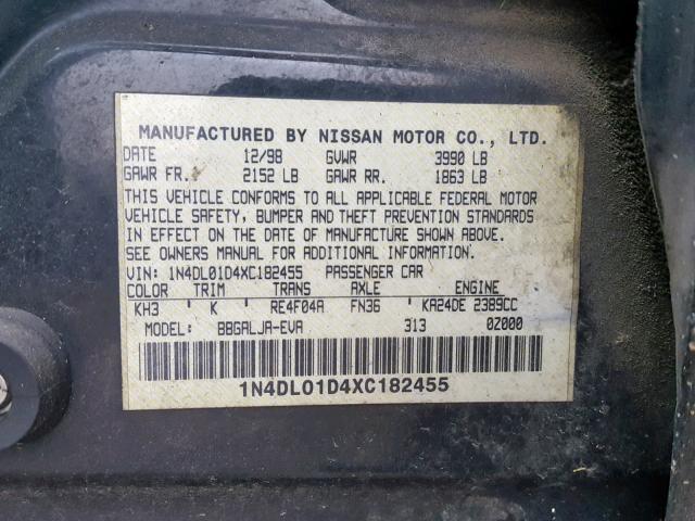 1N4DL01D4XC182455 - 1999 NISSAN ALTIMA XE BLACK photo 10