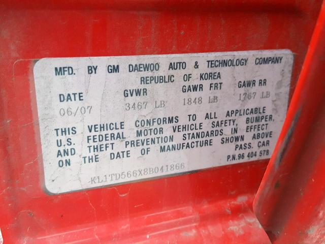 KL1TD566X8B041866 - 2008 CHEVROLET AVEO BASE Қызыл фото 10