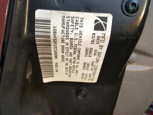 1G8AF52FX3Z169289 - 2003 SATURN ION LEVEL BURGUNDY photo 10