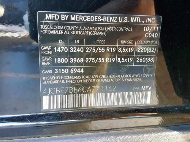 4JGBF7BE6CA771162 - 2012 MERCEDES-BENZ GL 450 4MA BLACK photo 10