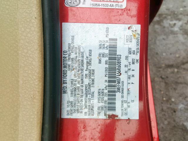 3MEFM07166R608903 - 2006 MERCURY MILAN RED photo 10