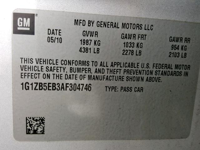 1G1ZB5EB3AF304746 - 2010 CHEVROLET MALIBU LS 银色 照片 10