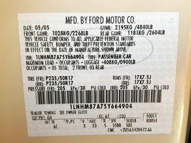 1LNHM87A75Y664904 - 2005 LINCOLN LS CREAM photo 10