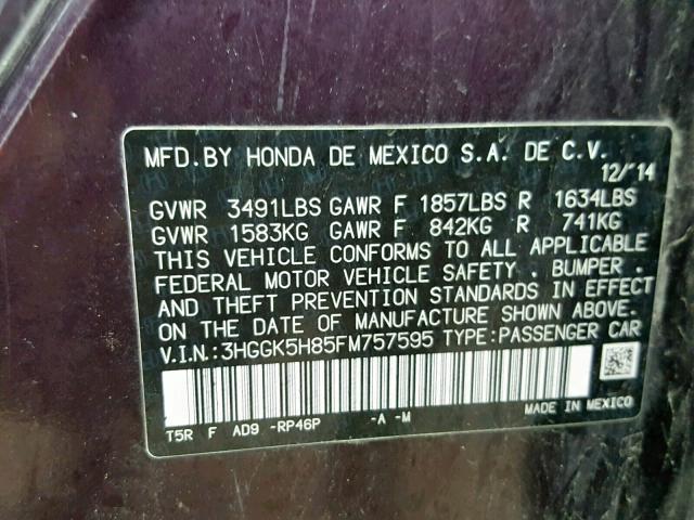 3HGGK5H85FM757595 - 2015 HONDA FIT EX PURPLE photo 10