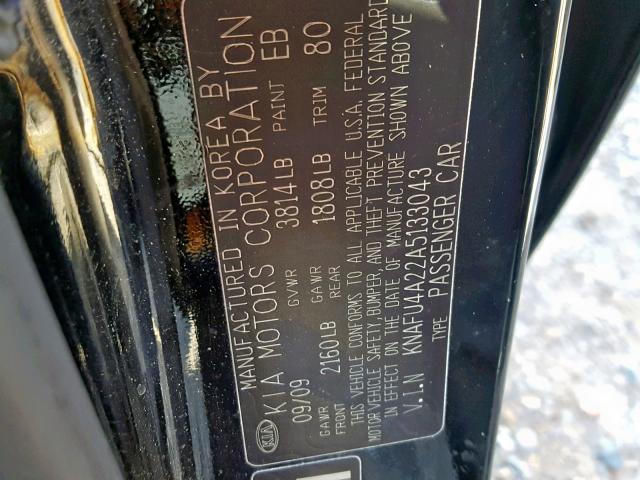 KNAFU4A22A5133043 - 2010 KIA FORTE EX BLACK photo 10