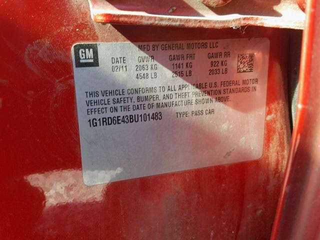 1G1RD6E43BU101483 - 2011 CHEVROLET VOLT RED photo 10