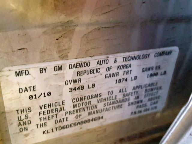 KL1TD6DE5AB084694 - 2010 CHEVROLET AVEO LS SILVER photo 10