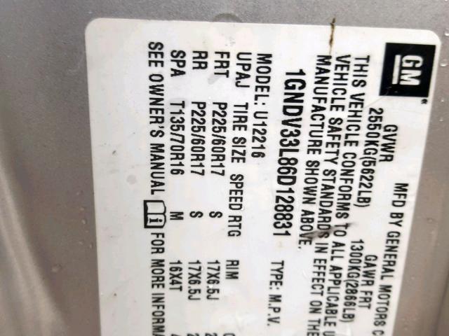 1GNDV33L86D128831 - 2006 CHEVROLET UPLANDER L Gümüş foto 10