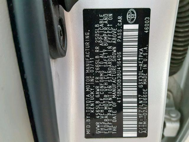 4T1BK3DB3BU416406 - 2011 TOYOTA AVALON BAS SILVER photo 10