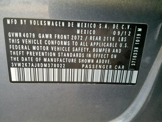 3VW2K7AJ8DM378022 - 2013 VOLKSWAGEN JETTA BASE Մոխրագույն լուսանկար 10