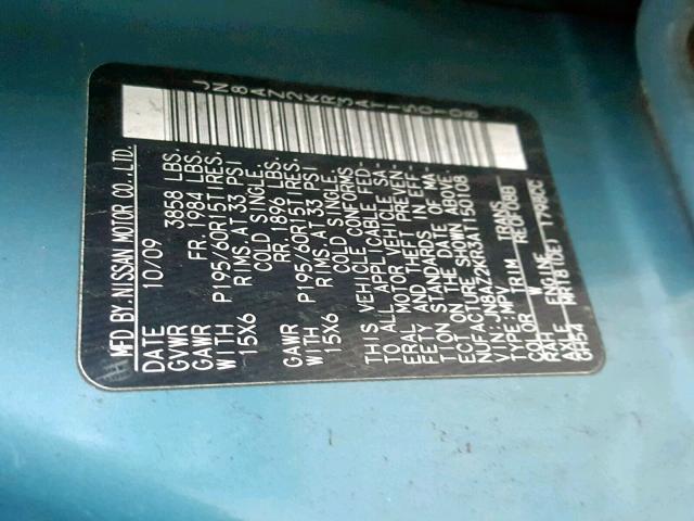 JN8AZ2KR3AT150108 - 2010 NISSAN CUBE BASE BLUE photo 10