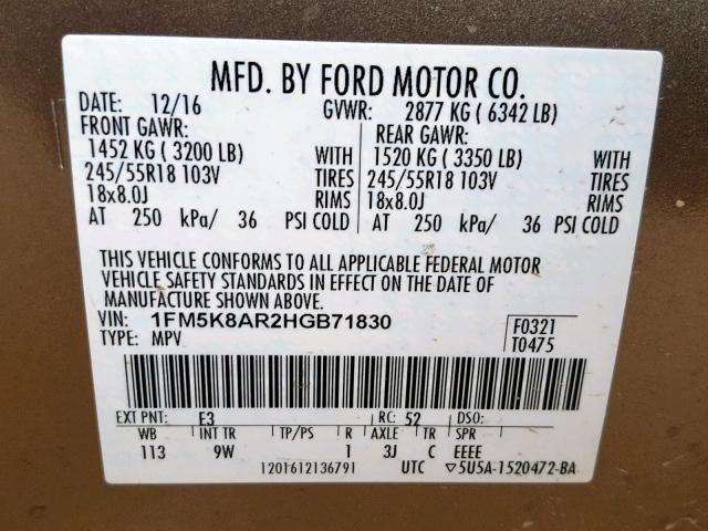 1FM5K8AR2HGB71830 - 2017 FORD EXPLORER P GRAY photo 10