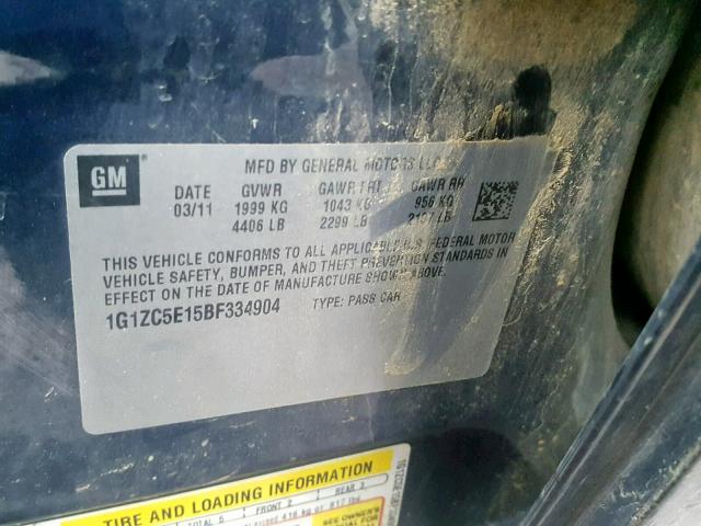 1G1ZC5E15BF334904 - 2011 CHEVROLET MALIBU 1LT BLUE photo 10