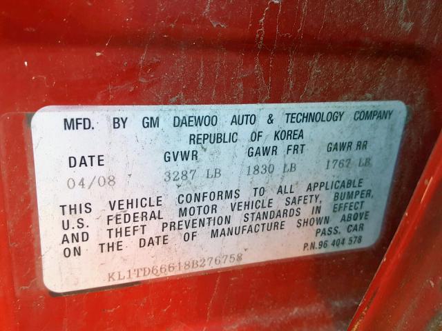 KL1TD66618B276758 - 2008 CHEVROLET AVEO BASE წითელი ფოტო 10