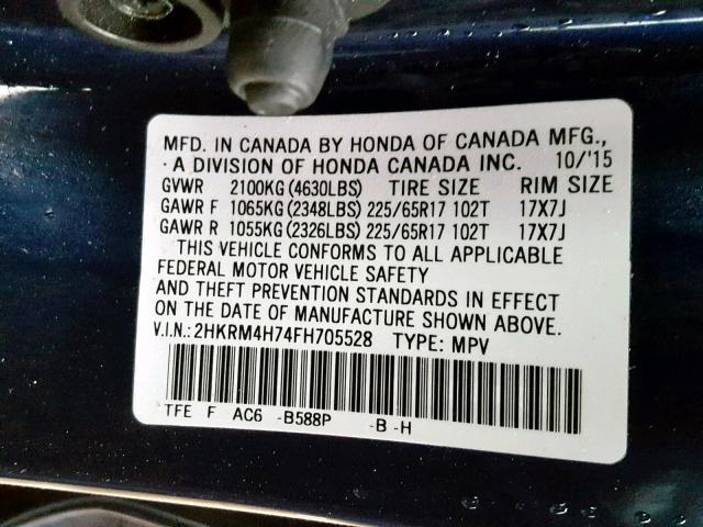 2HKRM4H74FH705528 - 2015 HONDA CR-V EXL BLUE photo 10