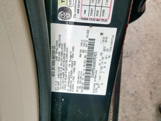 3FAHP0GAXAR392425 - 2010 FORD FUSION S BLACK photo 10