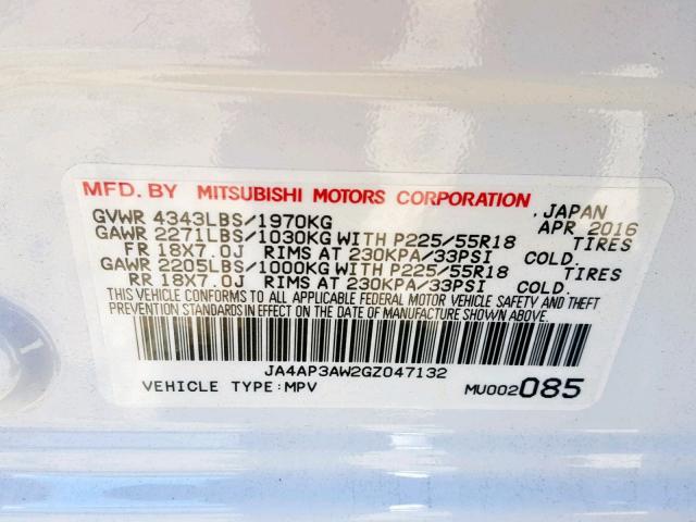 JA4AP3AW2GZ047132 - 2016 MITSUBISHI OUTLANDER WHITE photo 10