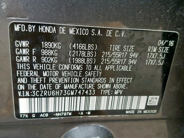 3CZRU6H73GM747433 - 2016 HONDA HR-V EXL GRAY photo 10