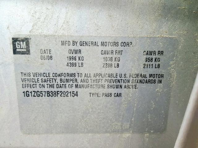 1G1ZG57B38F292154 - 2008 CHEVROLET MALIBU LS 银色 照片 10