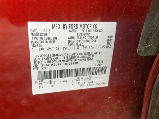 2FMTK3J92FBC21950 - 2015 FORD EDGE SEL RED photo 10