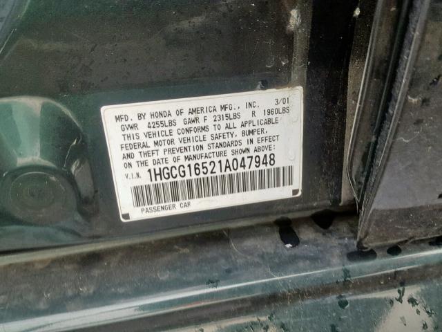 1HGCG16521A047948 - 2001 HONDA ACCORD EX GREEN photo 10