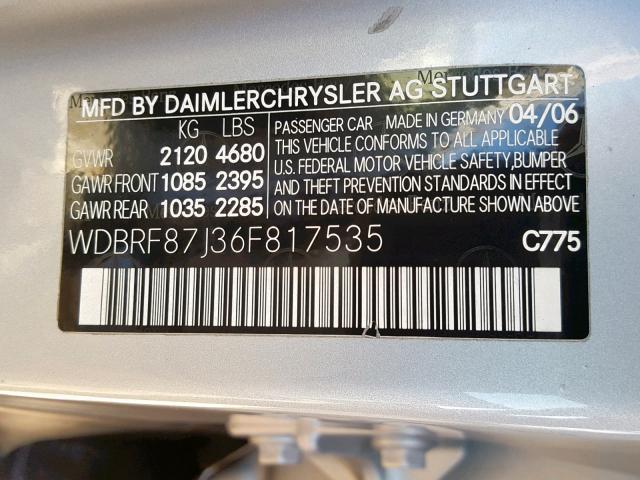 WDBRF87J36F817535 - 2006 MERCEDES-BENZ C 350 4MAT SILVER photo 10