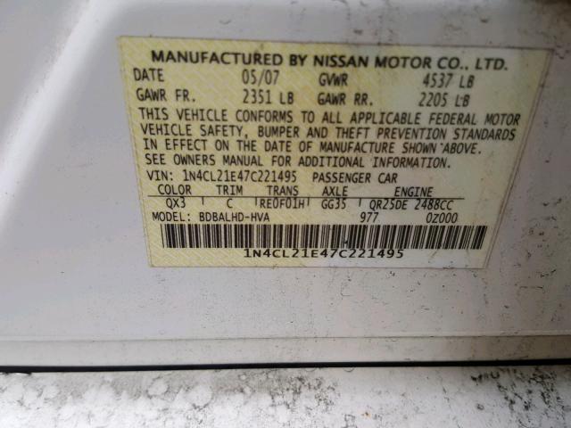 1N4CL21E47C221495 - 2007 NISSAN ALTIMA HYB WHITE photo 10