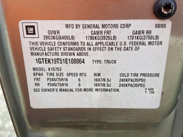 1GTEK19T51E108864 - 2001 GMC NEW SIERRA SILVER photo 10