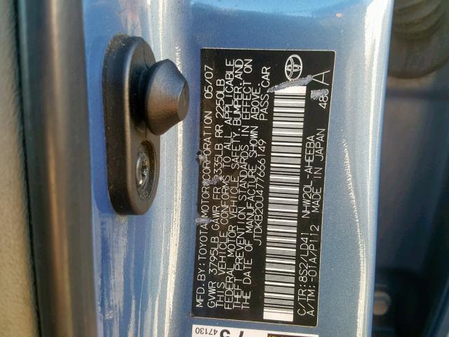 JTDKB20U477666149 - 2007 TOYOTA PRIUS BLUE photo 10