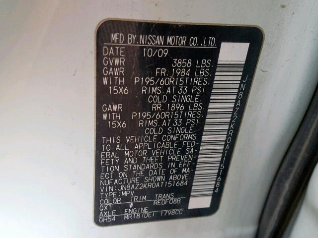 JN8AZ2KR0AT151684 - 2010 NISSAN CUBE BASE WHITE photo 10