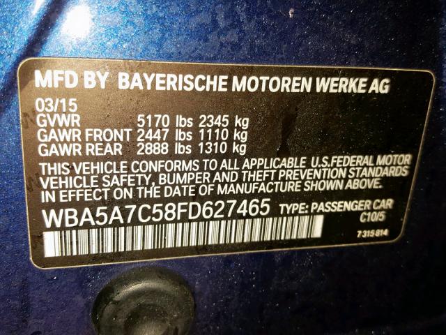 WBA5A7C58FD627465 - 2015 BMW 528 XI BLUE photo 10